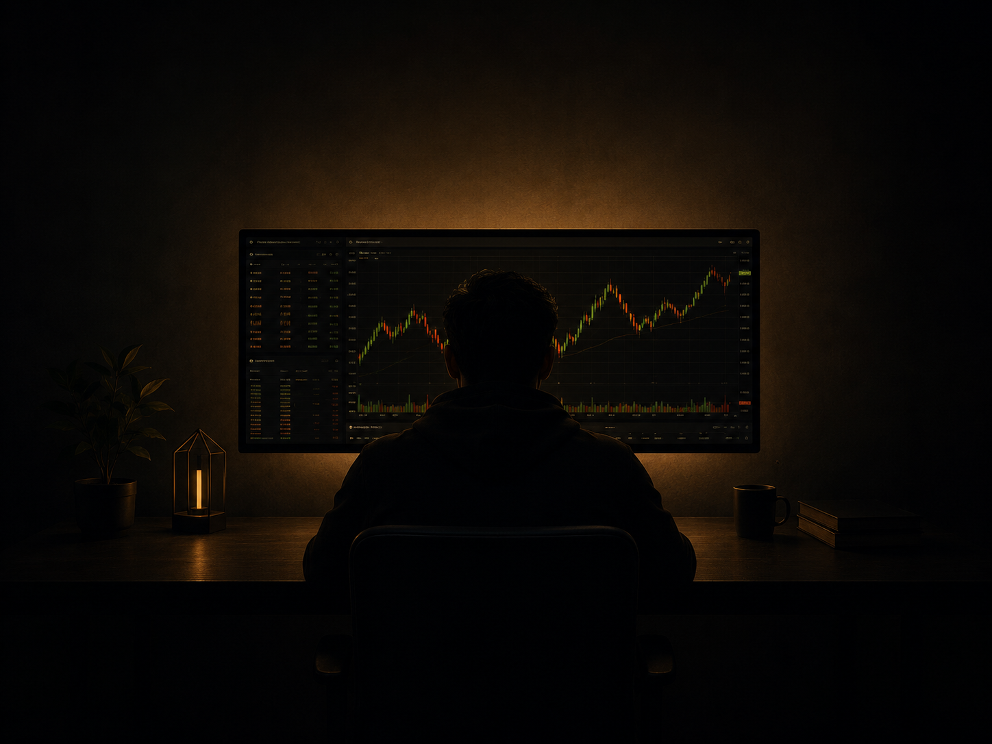 Trader sitting alone in the dark